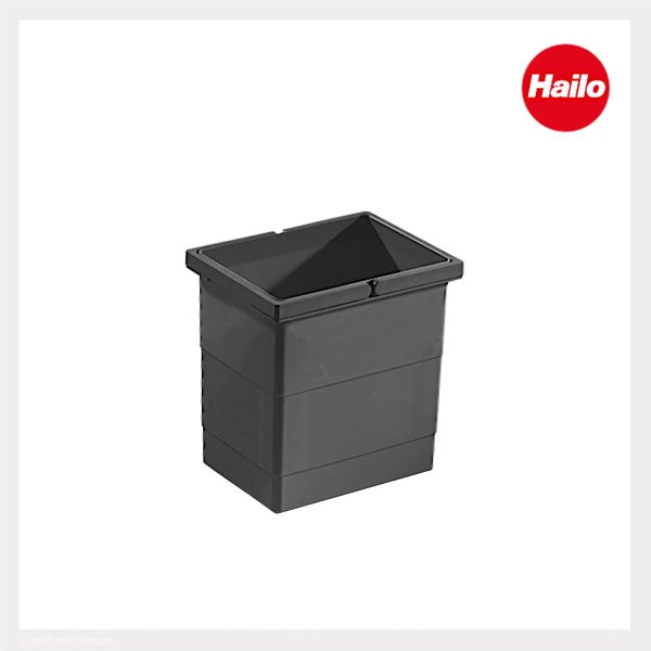 Rechteckiger Kunststoffeimer von Hailo für Mülltrennsysteme. Hailo Logo.
