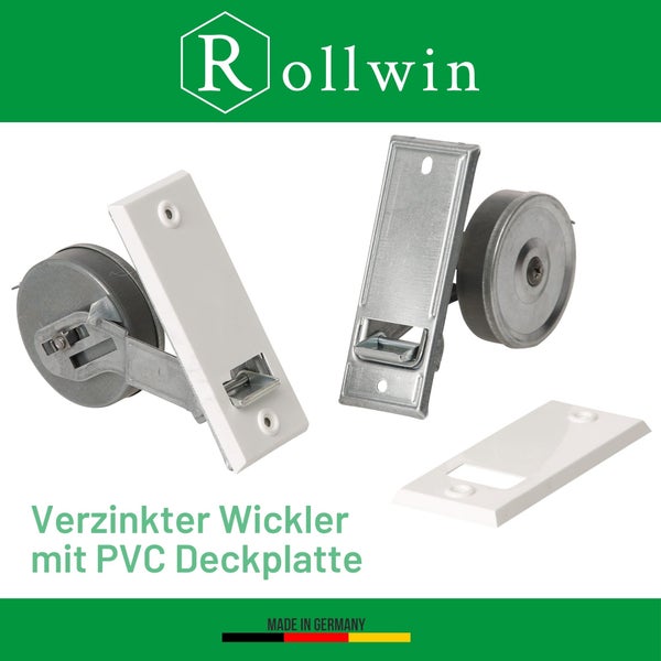 Rollwin Rolladen Gurtwickler Unterputz 135mm Lochabstand - aus Deutschland - mit Gurtwickler Blende Weiß - ohne Gurt - für 23mm Rolladengurt geeignet - Rollo Wickler mit Abdeckblende