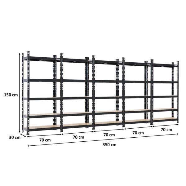 Schwarzes Schwerlastregal aus Metall mit 5 Modulen und 5 Böden pro Regal, Maße 150 mal 350 mal 30 Zentimeter.