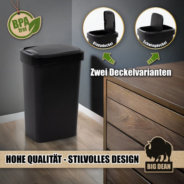 Abfalleimer mit zwei Deckelvarianten: Klappdeckel und Schwingdeckel. Mit BPA frei Siegel und Big Dean Logo.