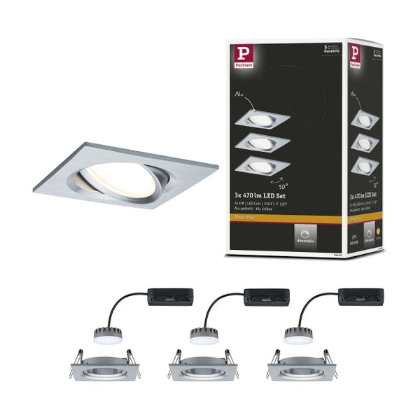 LED Einbauleuchte Nova Plus Coin Basisset schwenkbar eckig 84x84mm 50° Coin 3x6W 3x470lm 230V dimmbar 2700K Alu gedreht