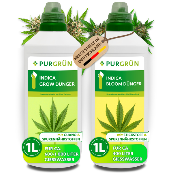 Purgrün Indica Grow und Bloom Flüssigdünger Set, zwei 1 Liter Flaschen für Hanfpflanzen, hergestellt in Deutschland, mit Guano und Stickstoff.