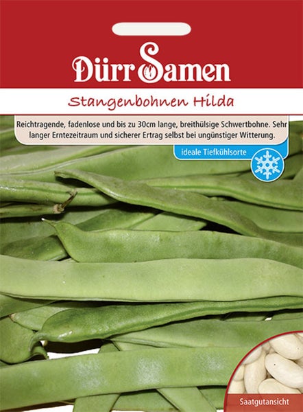 Samentüte für fadenlose Stangenbohnen Hilda von Dürr Samen mit Abbildung der Schoten, Eignung zum Einfrieren und Ansicht der Samen. Dürr Samen Logo.