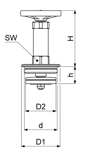 Technische Zeichnung eines Ventil-Oberteils mit Maßangaben für Höhe, Durchmesser und Schlüsselweite.