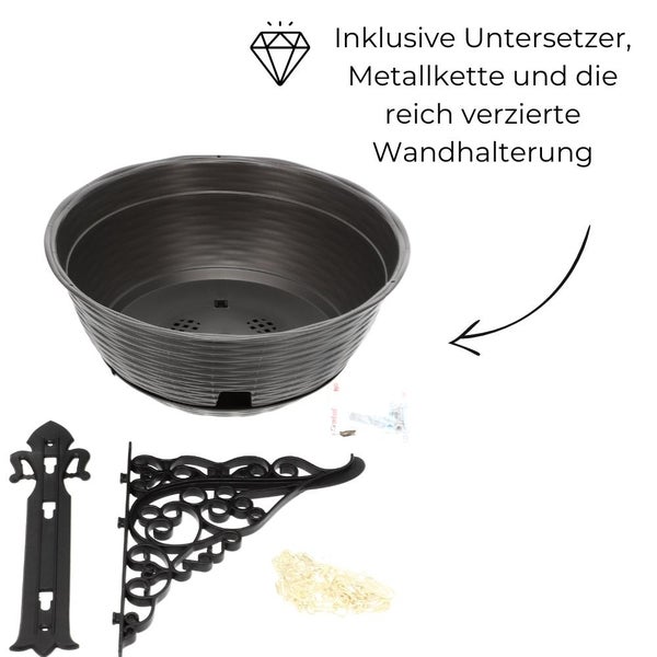 Pflanzenampel Hängeschale Blumenampel Hängeampel inkl. Kette und Wandhalterung Rattan Optik anthrazit