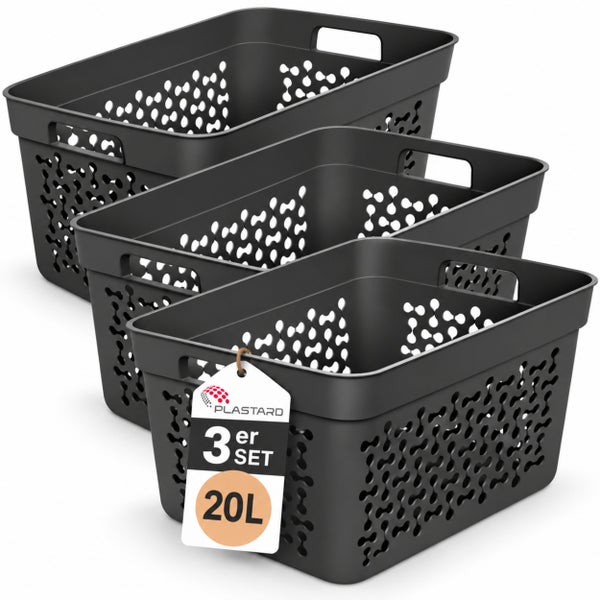 Set aus drei Kunststoff Aufbewahrungskörben mit Griffen und Lochmuster, 20 Liter Fassungsvermögen von Plastard