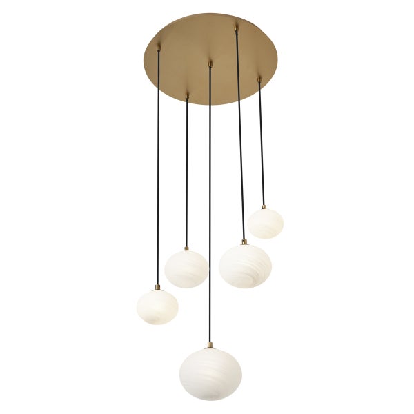 Hängeleuchte mit fünf runden Lampenschirmen