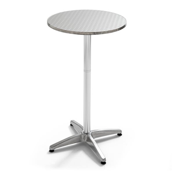 Runder Stehtisch aus Aluminium mit strukturierter Tischplatte und Vierfußgestell.