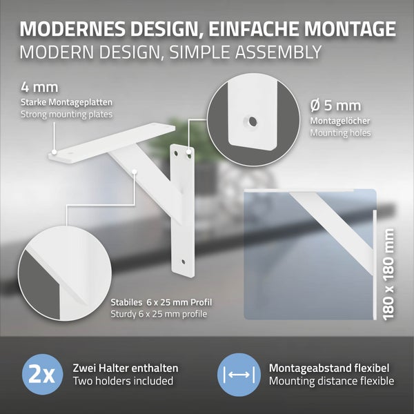 ML-Design 2 Stück Regalhalterung 180x180 mm, Weiß, Aluminium, Schwebende Regalhalterungen, Regalwinkel, Wandhalterung für Regalbrett, Regalträger für Wandmontage, Wandregal Wandkonsole Regalstütze