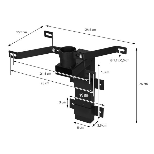 Schwarze Metallhalterung mit Maßangaben in Zentimeter für Breite, Höhe und Lochabstände.
