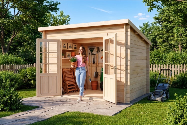 Gartenhaus aus Holz mit geöffneter Doppeltür, Innenraum mit Regalen und Werkzeug, davor gepflasterter Weg, Rasenmäher und Gartenlandschaft.