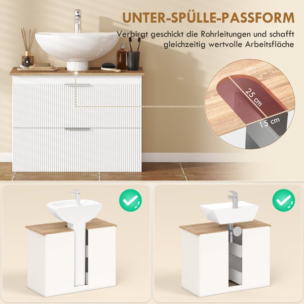 Weißer Waschtischunterschrank mit Rillenfront, Holzoptik-Platte und Siphonausschnitt 15 mal 25 Zentimeter, für Säulen- und Wandwaschbecken.