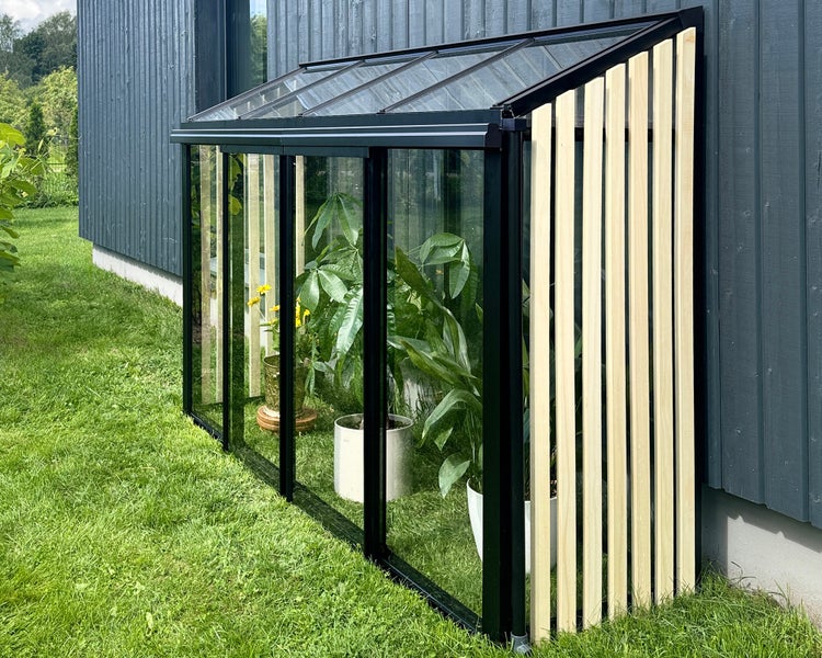 Anlehn-Gewächshaus aus Glas mit schwarzem Metallrahmen und seitlichen Holzlamellen, bepflanzt vor einer grauen Holzwand auf Rasen.