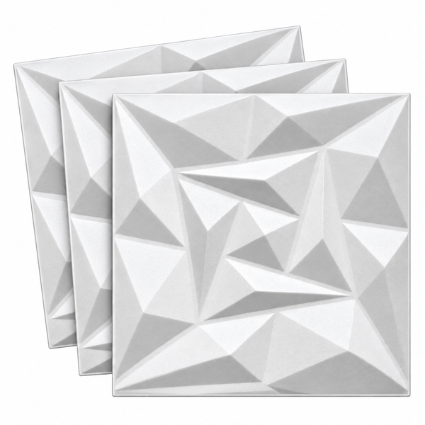 Drei quadratische Wandpaneele mit geometrischem 3D Reliefmuster für die Wandgestaltung.