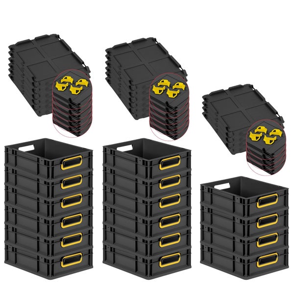 PROREGAL SuperSparSet 16x Eurobox NextGen Color mit Auflagedeckel und Schiebeschnappverschlüsse, HxBxT 12x30x40cm, 11 Liter, Schwarz, Griffe gelb offen, Eurobehälter, Transportbox, Transportbehälter, Stapelbehälter