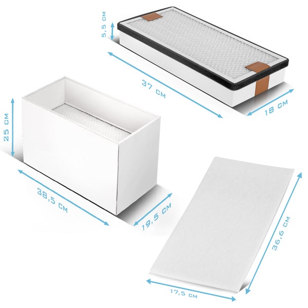 Set bestehend aus Luftfilter, Filtergehäuse und Filtervlies mit Maßangaben in Zentimetern.