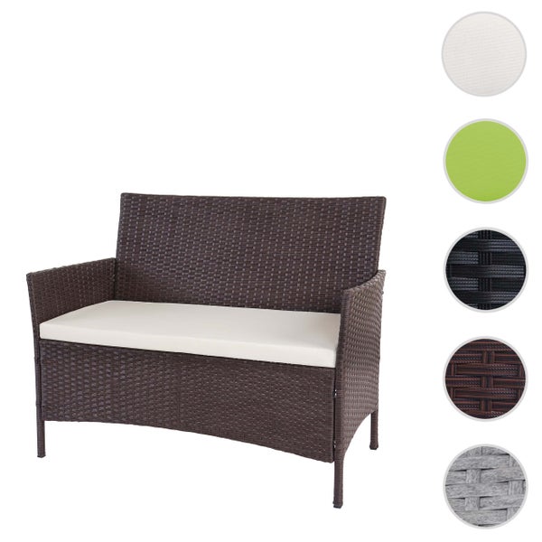 Polyrattan Gartenbank 2-Sitzer in Braun mit weißem Sitzkissen und verschiedenen Materialvarianten.