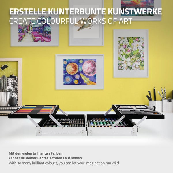ECD Germany 145-Teiliges Malset mit Alu-Koffer, Zeichen- und Malkoffer für Kinder, Malkasten, Kunst- und Zeichenset, Buntstifte, Aquarellfarben, Pastellkreiden und viel Zubehör, Zeichnen Künstler Set