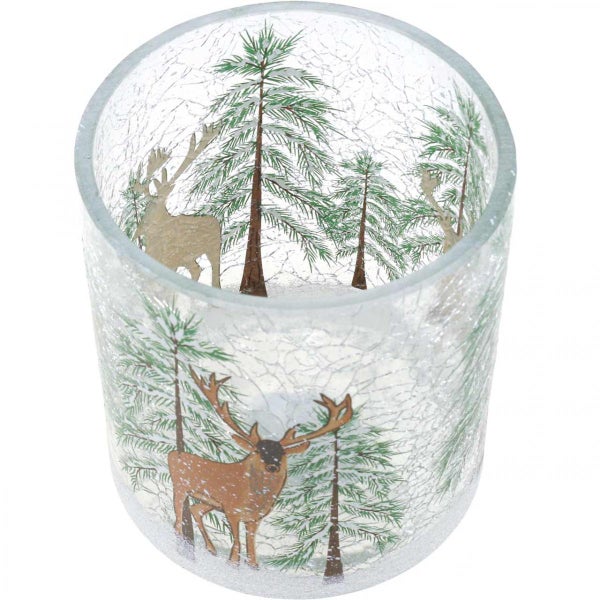 Windlicht aus Glas mit Hirsch- und Tannenbaum-Motiv