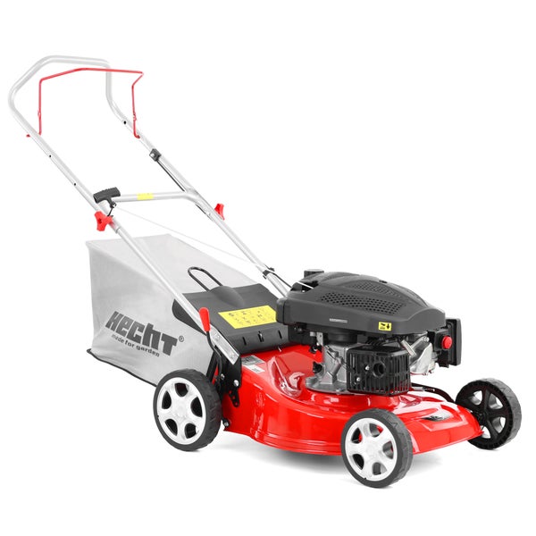 Hecht Benzin-Rasenmäher in Rot und Silber mit grauem Fangkorb, verstellbarem Holm und Verbrennungsmotor für die Gartenarbeit.