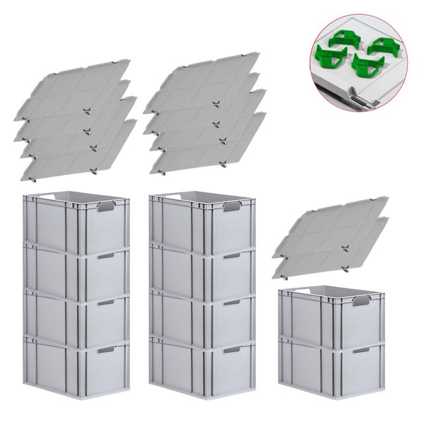 PROREGAL Spar Set 10x Eurobox Nextgen Economy Mit Auflagedeckel & 4x Schiebeschnappverschlüsse Grün Griffe Offen HxBxT 32 x 40 x 60 cm 65 Liter