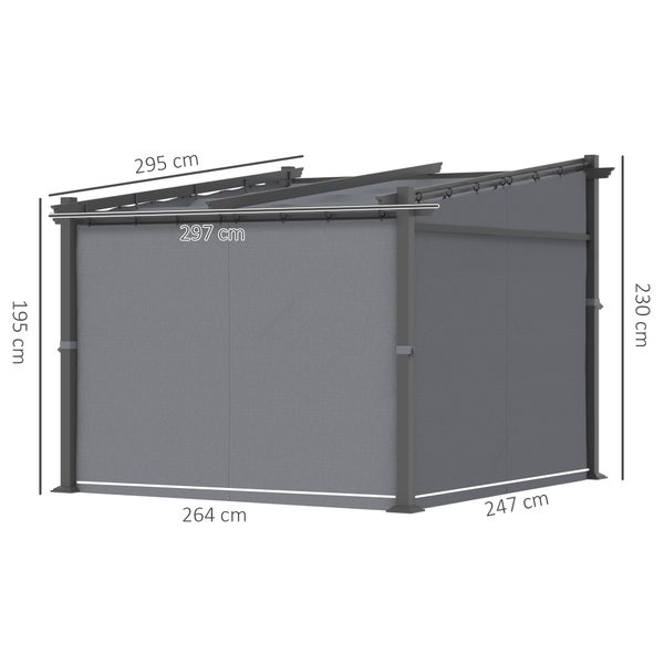Outsunny Terrassendach Pergola ca. 3x3m Terrassendachung Garten Pavillon Aluminium, Wandmontage, Gartenpavillon mit Verstellbares Dach, UV Schutz, Sonnenschutz für Terrasse und Garten, Dunkelgrau