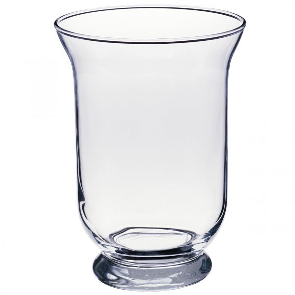 Durchsichtige Glasvase mit Maßen: Höhe 19,5 Zentimeter, oberer Durchmesser 13,5 Zentimeter und mittlerer Durchmesser 11 Zentimeter.