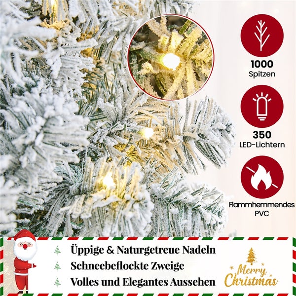 Detailaufnahme eines mit Schnee bedeckten Weihnachtsbaums mit LED-Lichtern.