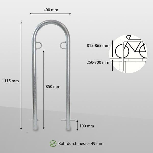 Abmessungen des Fahrradständers mit Rohrdurchmesser 49 mm
