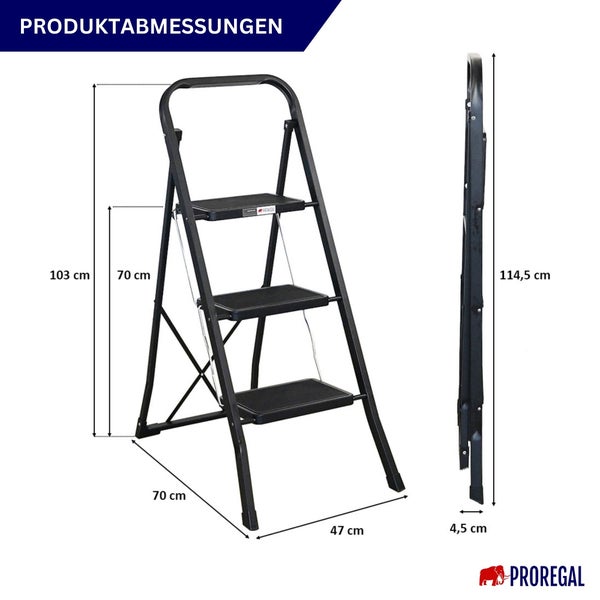 Proregal Klapptritt mit 3 Stufen. Maße: Höhe 103 Zentimeter, Tiefe 70, Breite 47. Zusammengeklappt Höhe 114,5 Zentimeter. Proregal Logo.
