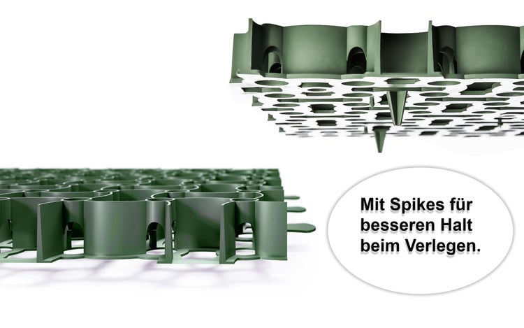 BigDean 1x Rasengitter Paddockplatte GRÜN 50x50 cm Reitplatzmatten Rasenmatten Rasenwaben Kiesgitter Parkplatzrasen 0,25 m² - mit Spikes zur Fixierung