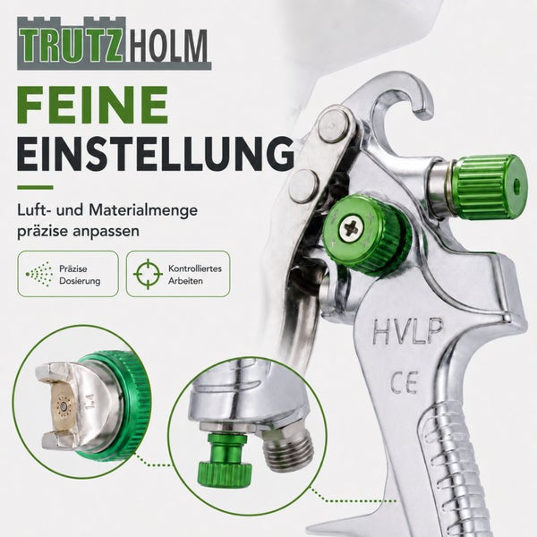 Trutzholm HVLP Lackierpistole mit Einstellmöglichkeiten für Luft- und Materialmenge zur präzisen Dosierung und kontrollierten Arbeit.