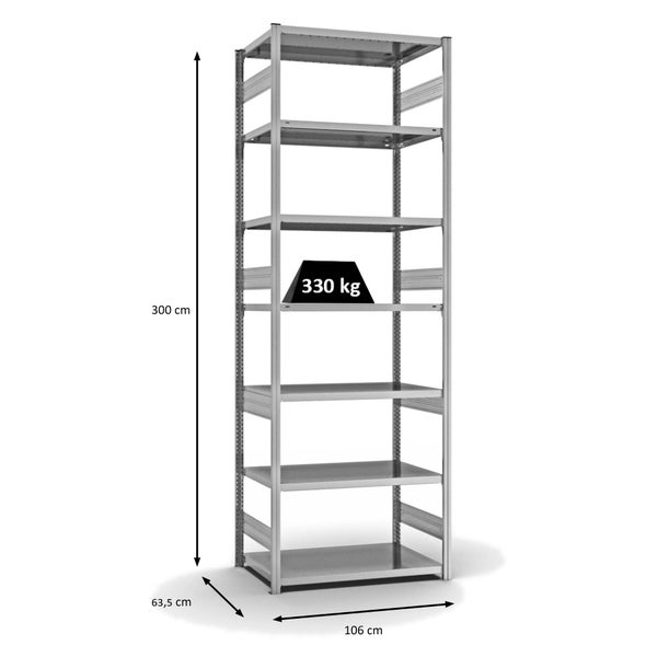 PROREGAL Fachbodenregal Stecksystem T-Profil Heavy-Duty Grundregal HxBxT 300 x 100 x 60 cm 7 Ebenen Fachlast 330 kg Beidseitig Nutzbar Verzinkt