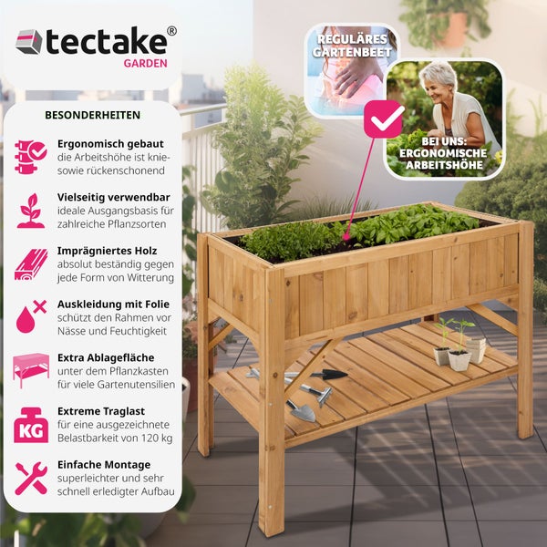 Hochbeet tectake  119 x 57 x 90 cm aus Holz, mit Ablage braun