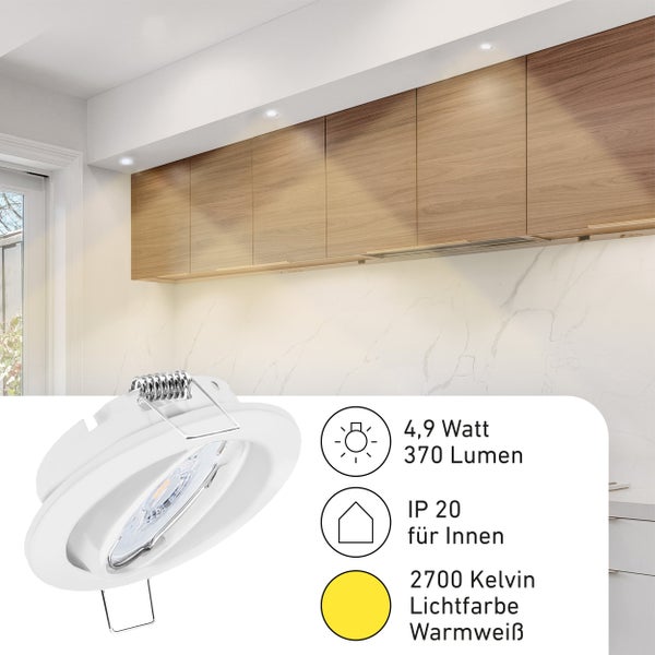 LED Einbaustrahler für den Innenbereich mit 4,9 Watt, 370 Lumen und warmweißer Lichtfarbe von 2700 Kelvin.
