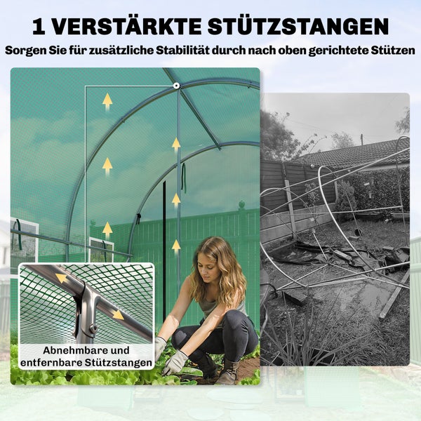 Gewächshaus mit verstärkten, abnehmbaren Stützstangen aus Metall für mehr Stabilität.