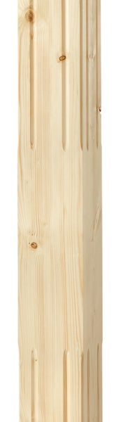 Vertikaler Holzpfosten aus hellem Nadelholz mit dekorativen Längsrillen im oberen und unteren Bereich sowie sichtbarer Holzmaserung.