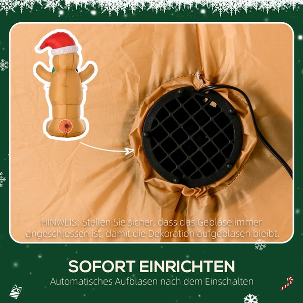 Detailansicht des integrierten Gebläses eines aufblasbaren Lebkuchenmanns mit Hinweis zum automatischen Aufblasen nach dem Einschalten.
