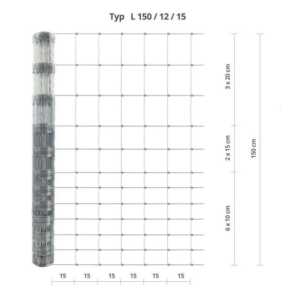 FLOORDIREKT Wildzaun - Verzinkter Weidezaun - Maschenbreite: 15 cm - 1,5 x 50 m