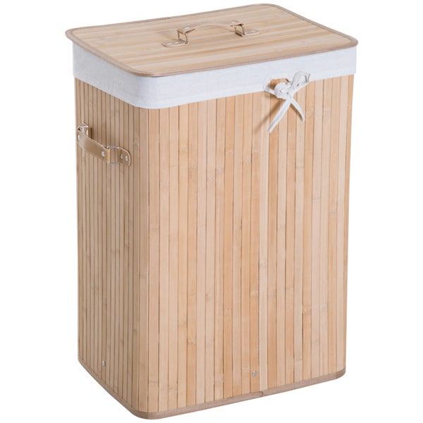 HOMCOM Wäschekorb, Wäschebox, Wäschesammler mit Deckel, Segeltuchsack, waschbarem Wäschesack, mit Griffen, Bambus , faltbar, 72L, Natur, 40 x 30 x 60 cm