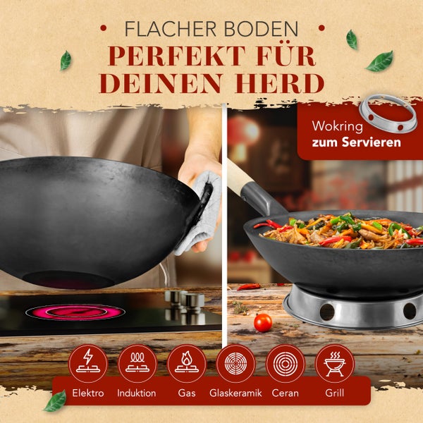 KRUSTENZAUBER 30cm Wokpfanne Induktion voreingebrannt - Traditionelle Stahlwokpfanne mit Wokwender u. Wokring - Wok Pfanne, Wok Induktion, Woklette, Wok Zubehör, Carbon Steel Wok Karbonstahl