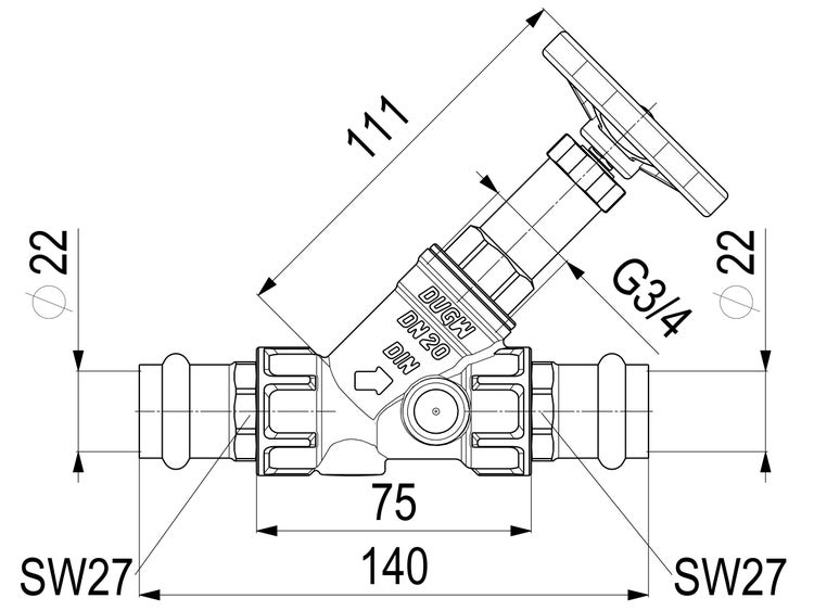 Maßzeichnung Schrägsitzventil mit Pressanschluss, Nennweite 20, zertifiziert für Trinkwasser, Gesamtlänge 140 Millimeter.