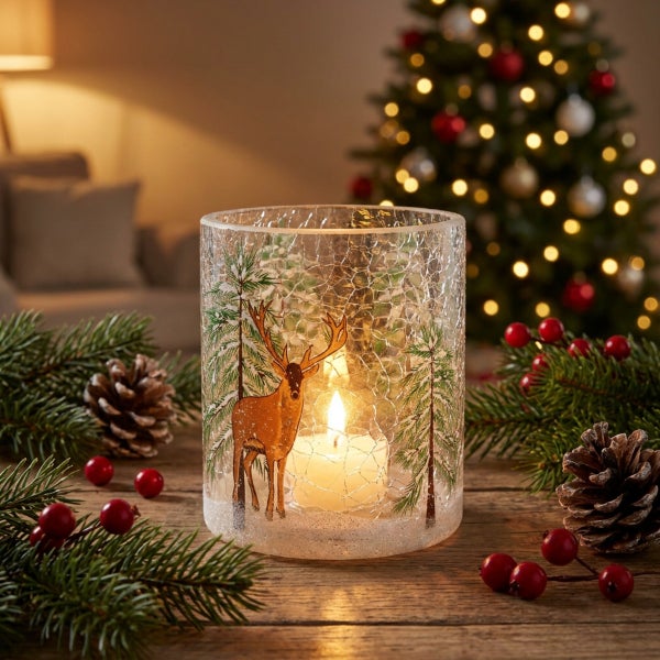 Weihnachtliches Windlicht aus Glas mit Hirschmotiv und Tannenbäumen, platziert auf einem Holztisch mit Tannenzweigen, Kiefernzapfen und Beeren.