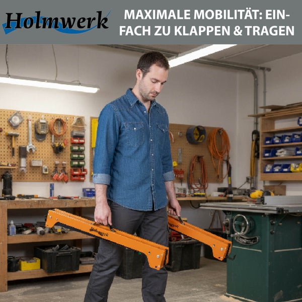 Anwendung eines Arbeitsbocks beim Sägen mit Kettensäge und Stichsäge, beim Bohren und als stabile Unterlage für schwere Platten.