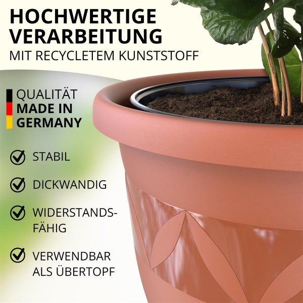 Blumentopf aus recyceltem Kunststoff mit Qualitätssiegel Made in Germany, stabil, dickwandig und als Übertopf verwendbar