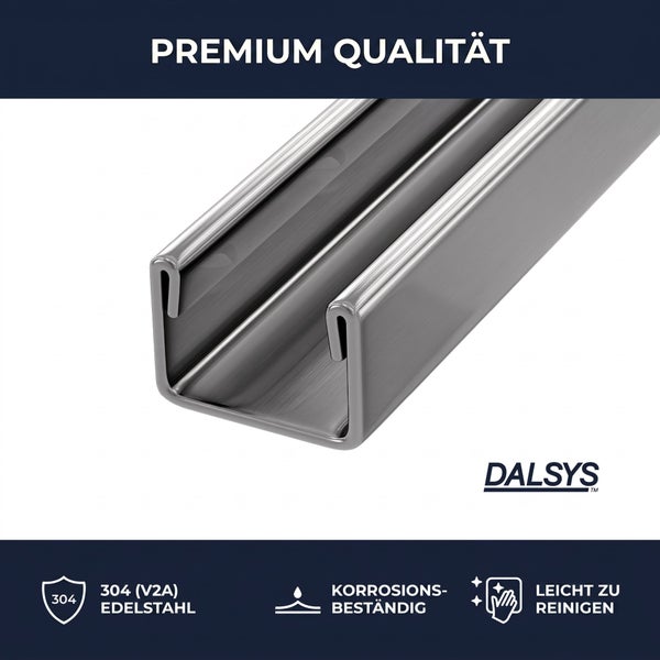 Dalsys Logo, U-Profil aus Edelstahl 304 V2A, korrosionsbeständig, leicht zu reinigen, Premium Qualität.