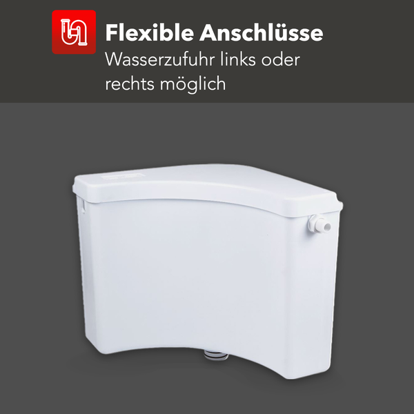 Eckspülkasten mit flexiblem Wasseranschluss, Wasserzufuhr links oder rechts möglich.