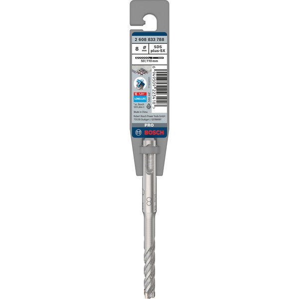 Bosch Pro SDS plus-5X Bohrer, Durchmesser acht Millimeter, Nutzlänge fünfzig Millimeter, Gesamtlänge einhundertzehn Millimeter
