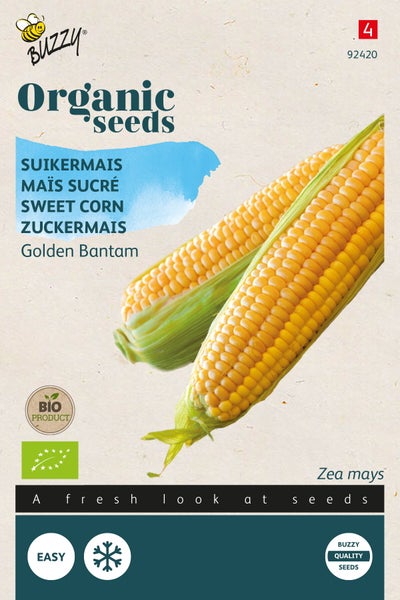 Buzzy Logo, Bio Produkt Siegel, Packung mit Bio-Saatgut für Zuckermmais Golden Bantam