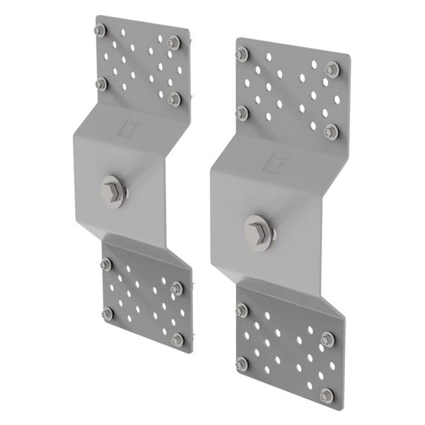 Zwei Metallverbinder mit Löchern und Bolzen zur Holzverbindung.